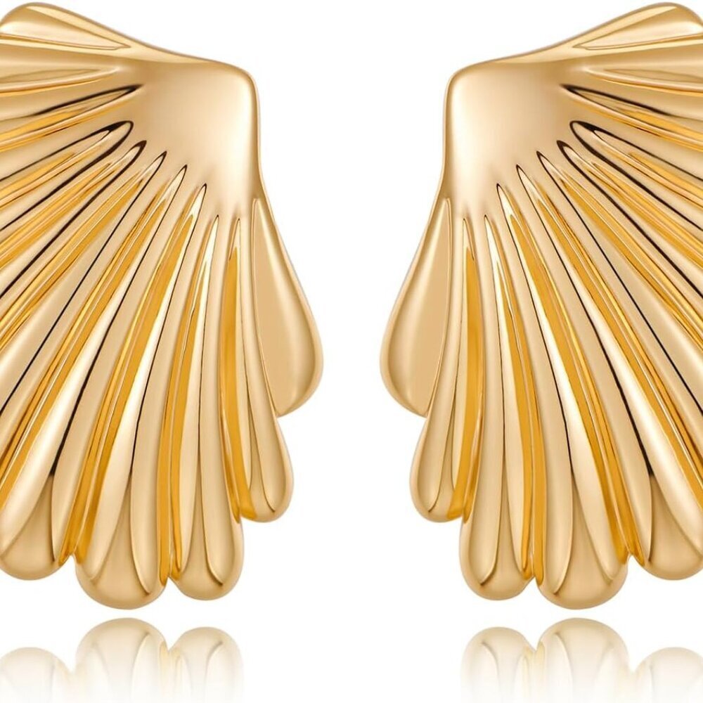 Gold Large Textured Seashell Stud Earrings for Women - Trendy Vintage Statement